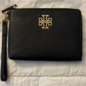 Tory Burch Black Leather Wristlet with Gold Logo